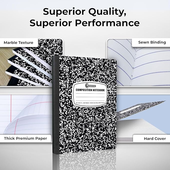 Rosmonde Composition Notebook Wide Ruled 5 Pack, 200 Pages (100 Sheets), 9-3/4 x 7-1/2, Back to School Supplies, Notebooks for School, Office Supplies, Notebooks for Work, Wide Ruled Notebook