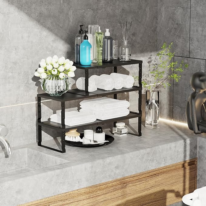 Jojocross Expandable Stackable Spice Rack Organizer for Kitchen Cabinet,Adjustable Counter Shelf, countertop, Pantry,Cupboard,Bathroom,Bedroom(3Packs/Black/Medium)