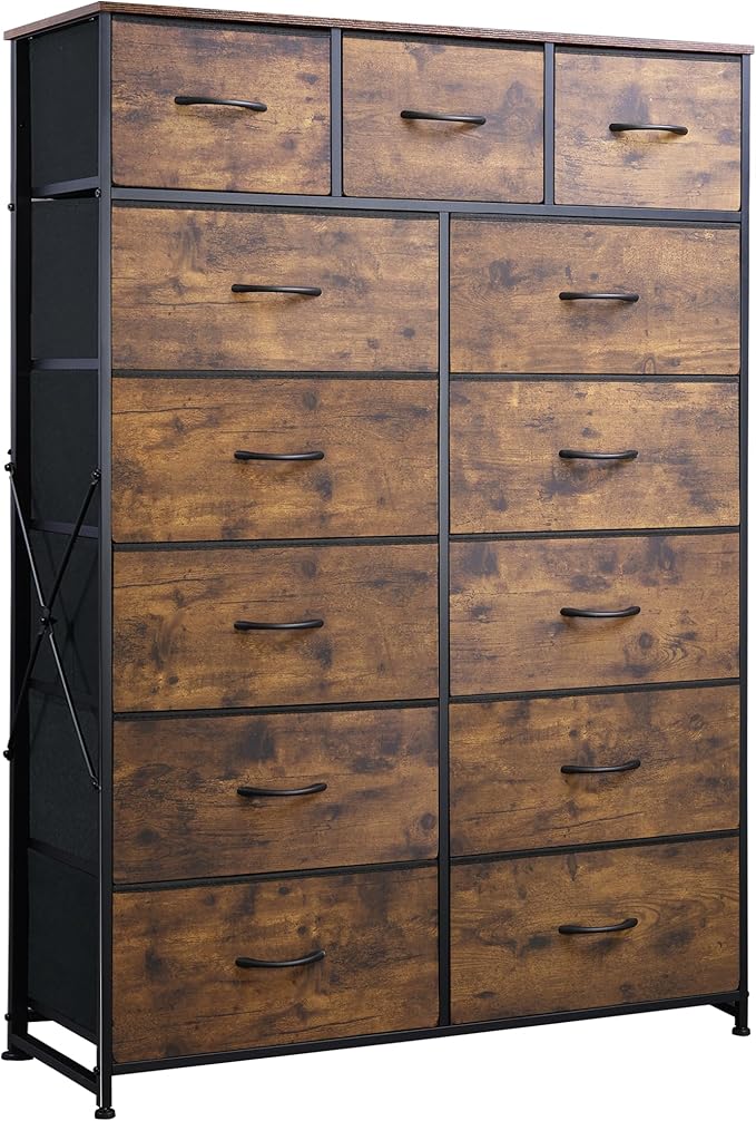 WLIVE Storage Organizer Unit with 13 Fabric Bins, Storage Drawers Organizer with Steel Frame, Tall Storage Tower Organizaton for Living Room, Hallway, Office, Rustic Brown Wood Grain Print