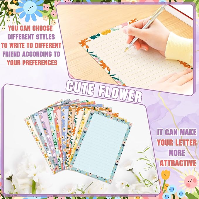 TaoBary 160 Pcs Stationery Paper Set 50 Double Sided Stationery Papers with 50 Matching Envelopes and 60 Round Dot Sticker, 10 Design(Kawaii,5.5 x 8.25 Inch)