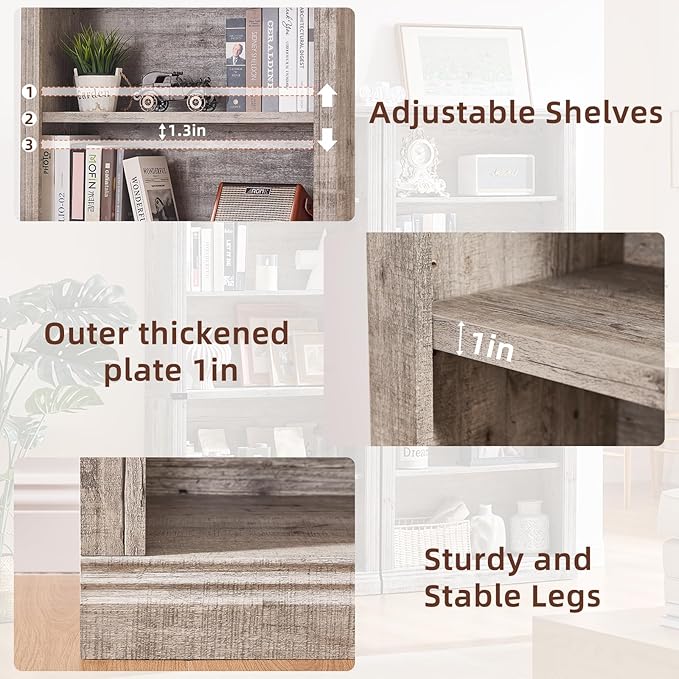 RWYHG 70" Grey Tall Bookshelf Set of 3,5-Tier Thick Wooden Book Shelf with Adjustable Shelves,Free Standing Farmhouse Bookcase with Open Display Storage,Floor Vintage Bookshelves for Living Room
