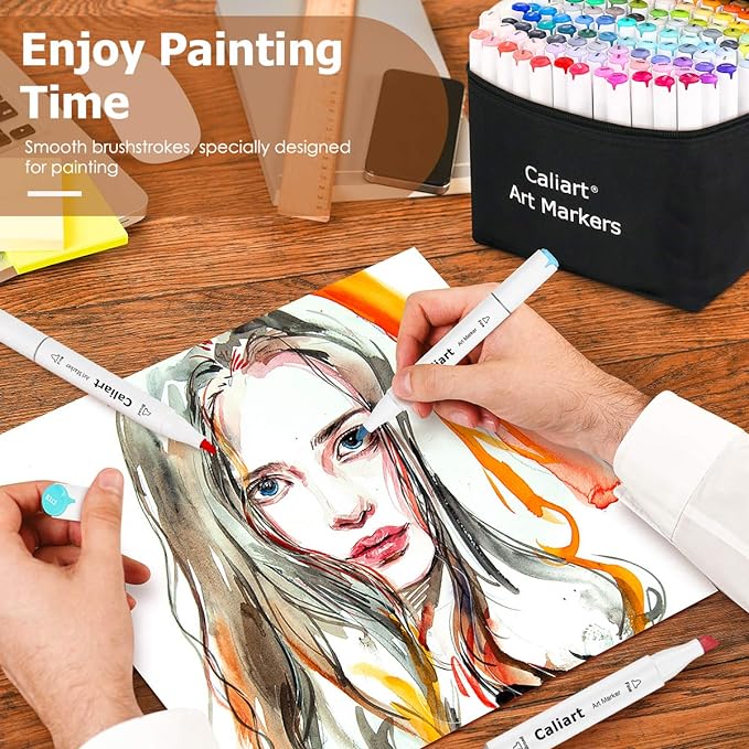 Caliart Alcohol Based Markers, 24 Colors Art Marker Set Fine & Chisel Dual Tip, Permanent Colored Pens for Adults Coloring Book Artists Illustration Sketch Lettering Drawing Cards Planner