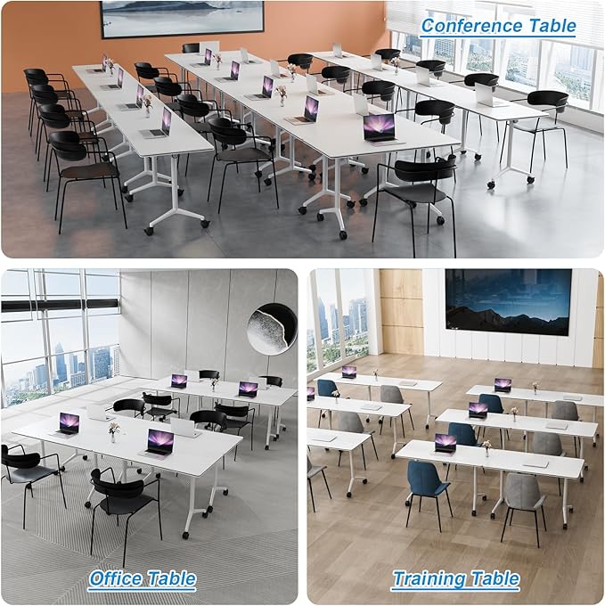 WYMHYZ Conference Table Flip Top Mobile Conference Room Tables,Folding Conference Table with Wheels,Large Meeting Training Seminar Table Saving Space for Office Classroom (2, White, 55.1'')