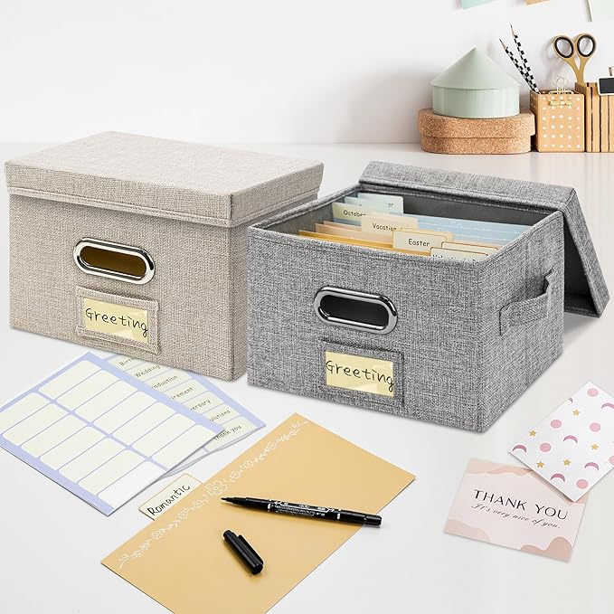 Remowith Greeting Card Organizer and Storage Box with 20 Pcs Adjustable Dividers, Storing Cards with 84 Pcs Labels Perfect for Storing Greeting Cards, Envelopes, Photos 2 Pack Beige