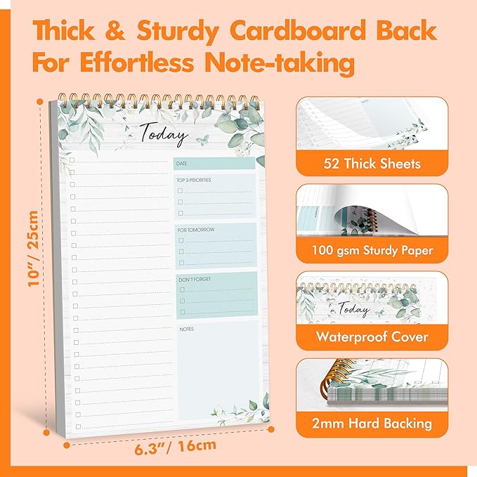 To Do List Notepad, Daily Planner Notebook with 52 Tear-off Sheets, Undated Writing Organizer for Daily Tasks and Goal, Coiled Task Track Checklist Productivity Pad for Office, Classroom, Home, School