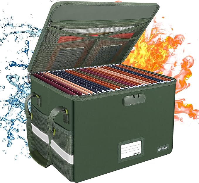 ENGPOW File Box with Lock, Fireproof Document Box with Zipper Lid, Collapsible File Storage Organizer Filing Cabinet with Handle, Portable Home Office Safe for Hanging Letter/Legal Folders, Green
