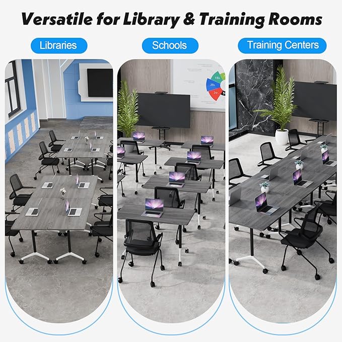 Goakwwuz Conference Room Table, Folding Conference Tables,Thicken Grey Tabletop,Flip Top Wooden Seminar Meeting Room Table for Conference Room Offices (2, Grey, 61.0“)