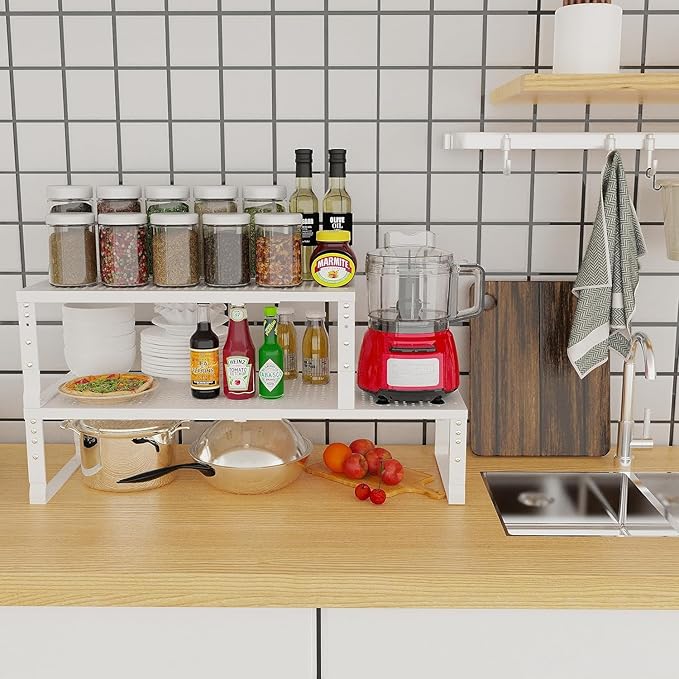 Jojocross Expandable Cabinet Shelf Organizer Storage Spice Rack Shelves for Kitchen Stackable Adjustable Pantry Cupboard Bathroom Countertop Desktop(1Pack/White/Medium-with Hole)