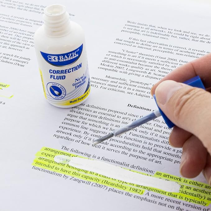 BAZIC Products Correction Fluid (0.7 oz / 20 ml), Soft Bristle Brush Applicator, Instant Corrections Pen White Out Wipe Out Liquid (2/Pack), 1-Pack