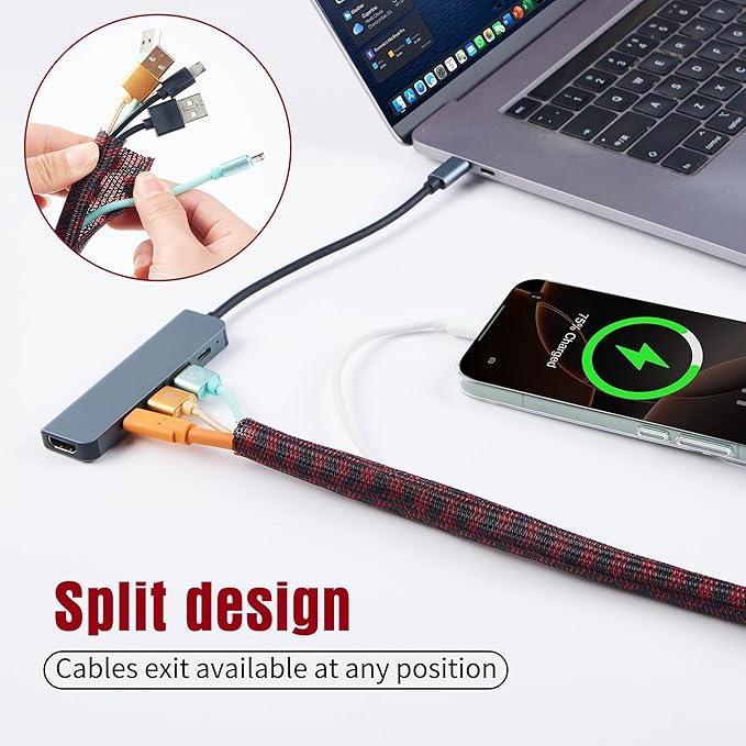 QCSIW Split Cable Sleeve, 25ft x 1 inch Black Red Braided Wire Loom for Home Cable Management, Pet Chew Protection and DIY Cord Organizer for Desk and Home Theater