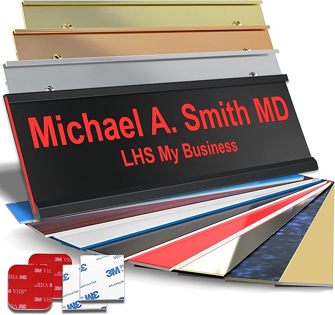 Custom Name Plate with Choice of Mounting for Walls, Doors, Cubicles, Hanging and More - Personalized Black Plastic Red Letters - USA Made 2x12 - B19