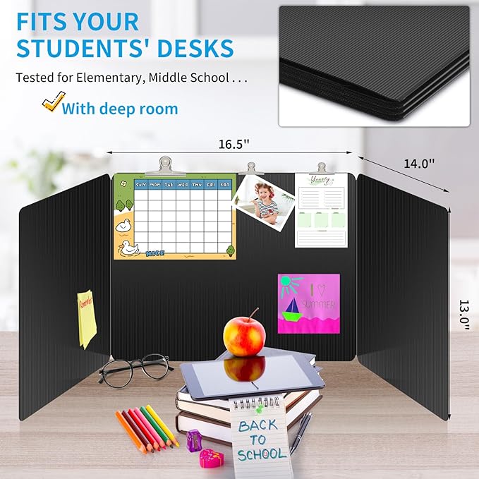 2 Pack Black Desk Dividers for Students, Privacy Shields Folder for Students, Durable & Waterproof Plastic Study Board, Classroom Teacher Supplies Test Divider, Includes Extra Labels