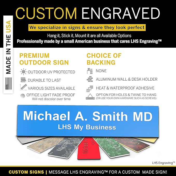 Engraved Name Plates for Door Sign Personalized Light Blue Plastic Nameplate with White Letters - Made in USA 2x8 B1