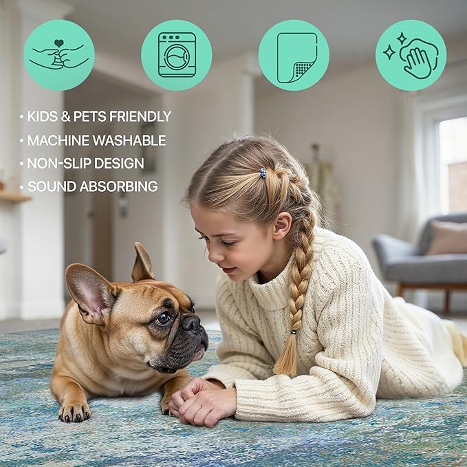 GENIMO 3x5 Rugs for Entryway Entrance, Modern Lightweight Rug Ultra Soft Indoor Area Rugs 3x5 for Living Room Bedroom Kitchen, Low Pile Carpet with Non Slip Backing, Blue Green