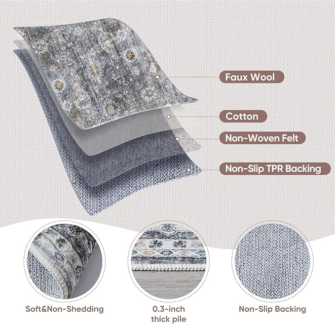 Rugcomf Area Rug 5x7 Washable Rug Boho Soft Non-Slip Non-Shedding Faux Wool Vintage for Living Room, Bedroom Rug, Farmhouse, Dining Room, Indoor, Kids Playroom (Grey)