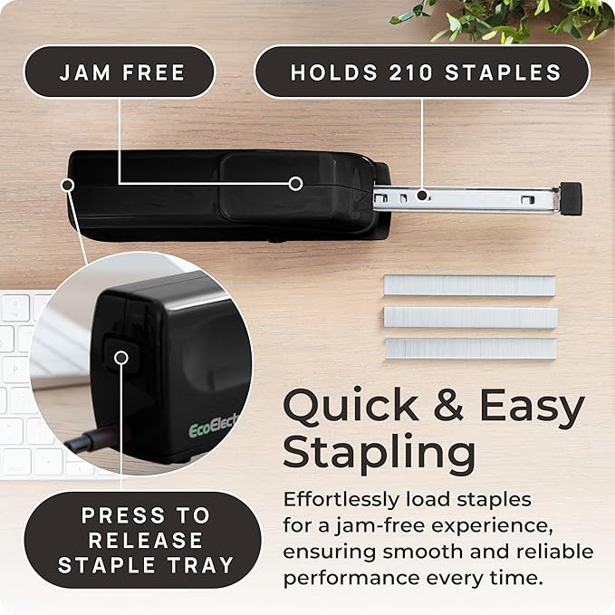 EcoElectronix Portable Automatic Electric Stapler Pro - 30 Sheet Capacity, Quiet Operation, Jam-Free and Easy Reload - AC Adapter/Battery Powered, (Black)