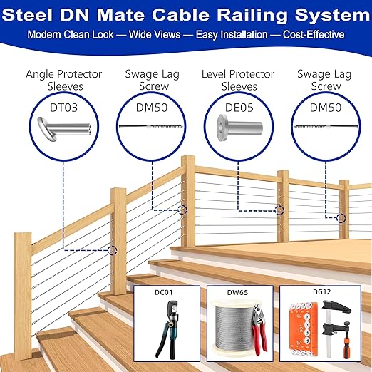 Steel DN Mate 100 Pack Stainless Steel Protector Sleeves for 1/8" Wire Rope, Cable Railing Hardware for Deck/Cable Railing System, T316 Marine Grade, Cable Sleeves Come with a Drill Bit DE100
