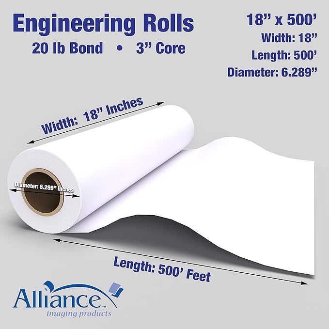 Alliance Wide Format Paper Rolls, 20lb with 3" Core (18 In x 500 Ft | 3" Core, 20lb | 4 Rolls)