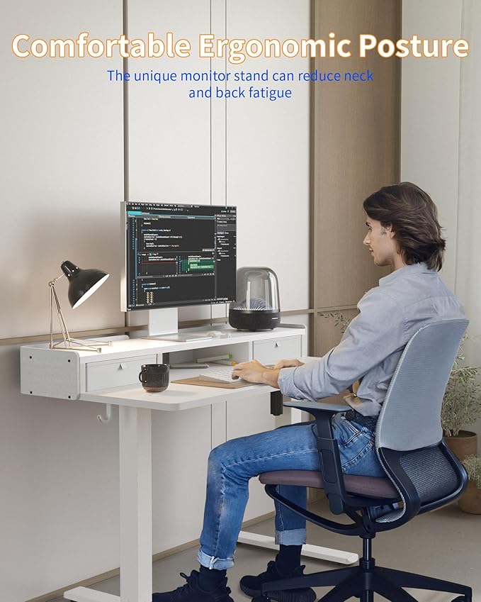 YIHAYO Electric Standing Desk with Drawers, 55 x 24 Inches Adjustable Desk with Storage Shelf, Stand Up Desk with Splice Board, Computer Table for Home Office,White Frame/White Top