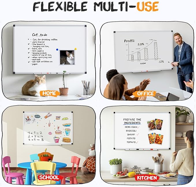 NEWBULIG White Board, 48" x 24" Magnetic Dry Erase Board for Wall with 1 Dry Eraser & 2 Multi-Color Markers & 4 Magnetic Pins, Silver Aluminum Frame for Office, Home, School