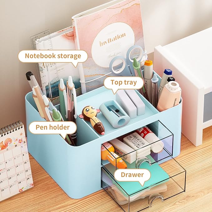 Marbrasse Pen Organizer with 2 Drawer, Multi-Functional Pencil Holder for Desk, Desk Organizers and Accessories with 5 Compartments + Drawer for Office Art Supplies (Blue)