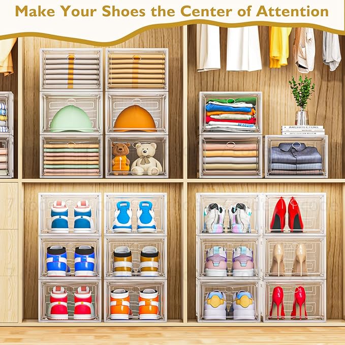 Thickened Clear Shoe Storage Organizer with Magnetic Door, Sturdy Stackable Shoe Boxes for Closet, Collapsible Space-Saving Shoe Rack for Sneakers & Boots, Plastic Shoe Cabinet Box Set, 6 Pack, White