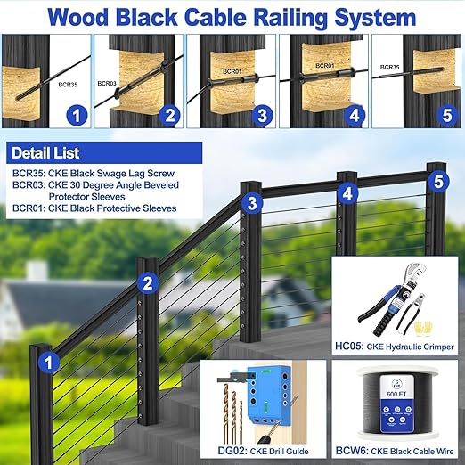 CKE 40 Pack T316 Stainless Steel Black Protector Sleeves for 1/8" 5/32" or 3/16" Cable Deck Stair Railing Kit System, Black Cable Railing Protective Sleeves for Wood Posts, DIY Balustrade, BCR01-3/16