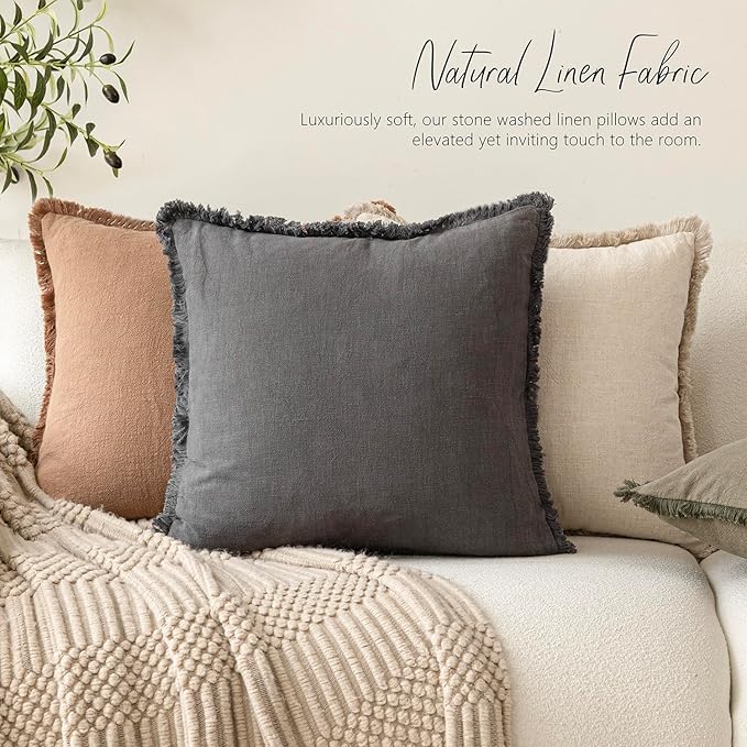 Foindtower Set of 2 Decorative Linen Fringe Throw Pillow Covers Cozy Boho Farmhouse Cushion Cover with Tassels Soft Accent Pillowcase for Couch Chair Sofa Bed Living Room Home Decor,18×18 Inch,Gray