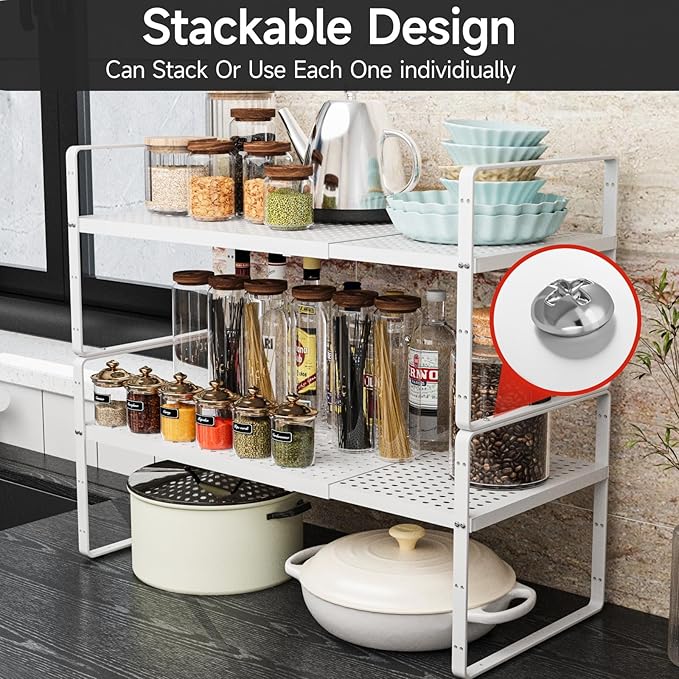jkxoo Expandable Cabinet Countertop Shelves 16.5-27’’L, Adjustable Metal Spice Rack Organizer, Stackable Kitchen Counter Storage Shelves Organizers for Cabinet Organization, White