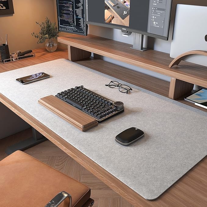 DAWNTREES Non-Slip Felt Desk Mat | 35.5''x15.7'' | Large Computer Desk Mat Keyboard and Mouse Pad | Office Desktop Pad Protector (Light Grey)