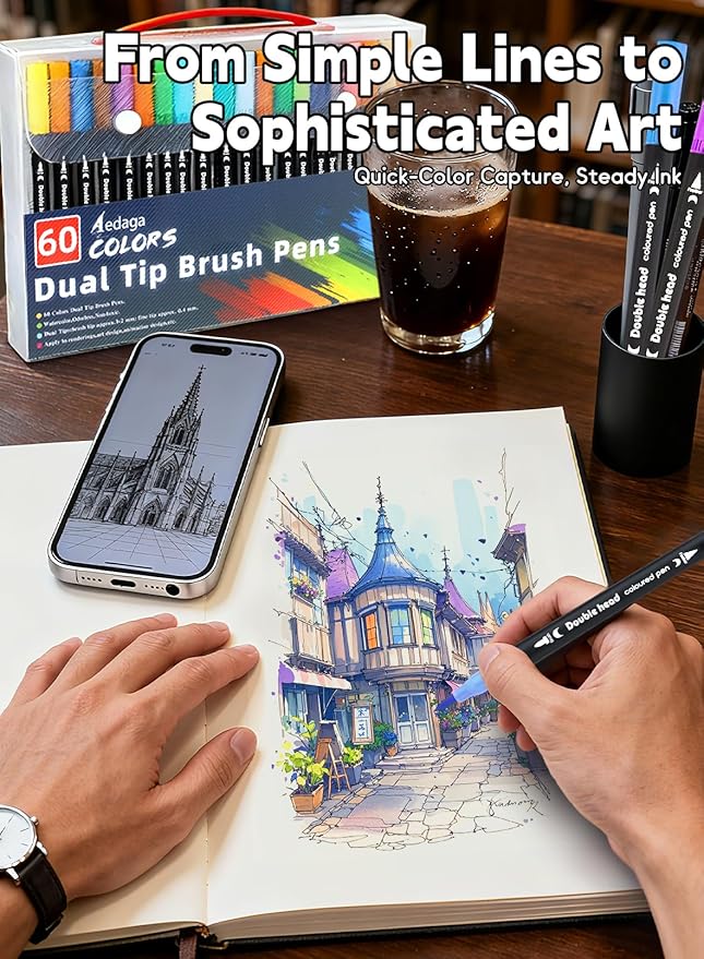 AEDAGA 60 Colors Dual Tip Brush Pens, Fine Felt Tip and Brush Tips Colored Pens for Adults, Coloring Markers for Coloring Book Bullet Journaling Note Taking Hand Lettering