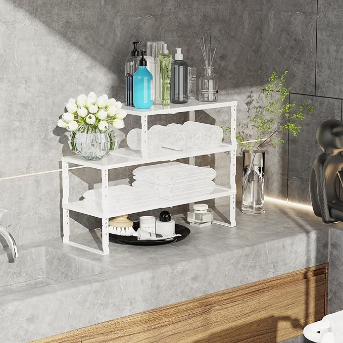 Jojocross Expandable Stackable Spice Rack Organizer for Kitchen Cabinet,Adjustable Counter Shelf, countertop, Pantry,Cupboard,Bathroom,Bedroom(1Pack/White/Medium)