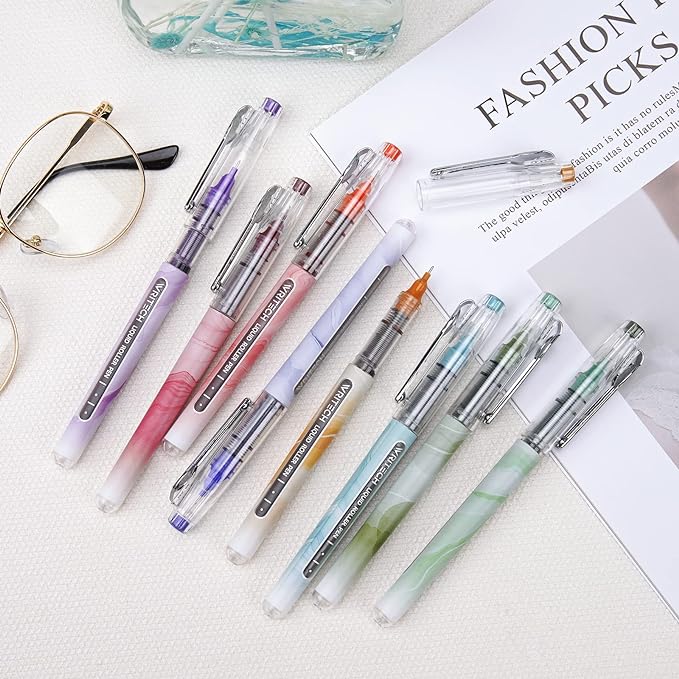WRITECH Liquid Ink Rollerball Pens: Multi Colored 0.5mm Extra Fine Point Tip Rolling Roller Ball Pen 8ct Assorted Colors for Journaling Smooth Writing Note Taking No Bleed & Smudge & Smear