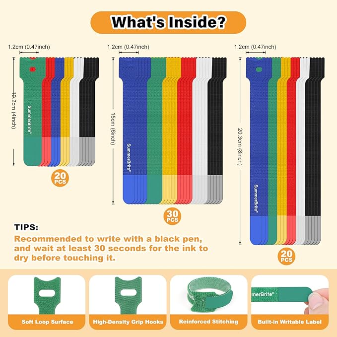 SummerBrite 70 Pack Assorted Cable Ties (4, 6, 8 Inch) Multi-Color with Writable Labels, Reusable Cord Organizer Straps, Hook & Loop Wire Management for Electronics, Home Office, PC Desk & Travel