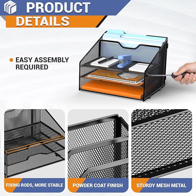 GAWERK Letter Tray Organizer, Mesh Desk File Organizer with 3 Paper Trays and 2 Vertical Upright Section (Silver)