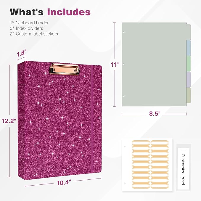 Ospelelf 3 Ring Binder 1 Inch, Vintage Leather Clipboard Binders, Binder Organizer Dividers with Tabs for Letter Size, Professional Office Portfolio, Glitter Pink
