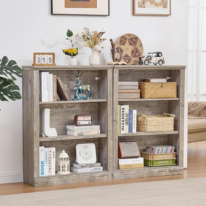 RWYHG 43" Grey Tall Bookshelf,3-Tier Thick Wooden Book Shelf with Adjustable Shelves,Free Standing Farmhouse Bookcase with Open Display Storage,Floor Vintage Bookshelves for Living Room,Office