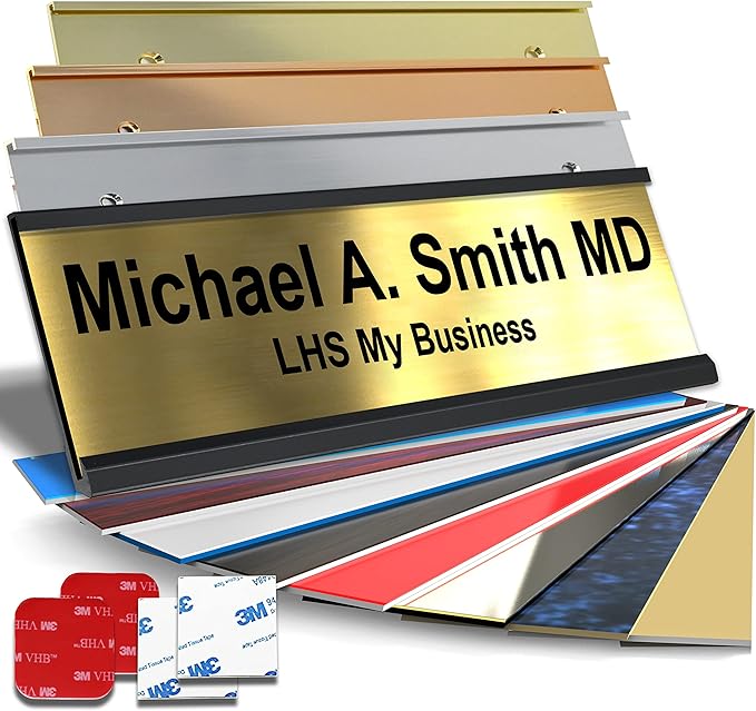 Personalized Name Plate with Choice of Mounting Holders for Walls, Doors, Cubicles, Hanging and More - Custom Brushed Brass Plastic Black Letters - USA Made 2x6 - M6