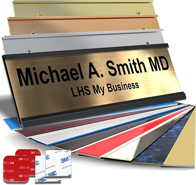 Custom Name Plate with Choice of Mounting for Walls, Doors, Desk Holders, Cubicles, Hanging and More - Personalized Brushed Copper Plastic Black Letters - USA Made 2x8 - M5