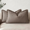 Foindtower Set of 2 Decorative Linen Fringe Lumbar Throw Pillow Covers Boho Farmhouse Cushion Cover with Tassels Accent Pillowcase for Couch Sofa Bed Living Room Home Decor,12×24 Inch,Light Coffee