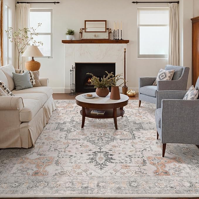 GENIMO 7'6''x9'6'' Area Rugs for Living Room, Machine Washable Rugs, Low Pile Non Slip Vintage Rug for Bedroom, Dining Room, Home Office, Light Taupe Brown