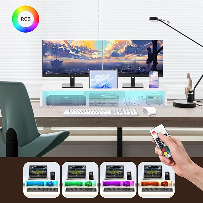 Qupui Dual Monitor Stand Riser with LED Lights and Phone Tablet Holder, 35.8in Large Monitor Stand for Desk, Computer Monitor Stand for 2 Monitors, Desktop Shelf Organizer for Laptop, Printer, TV