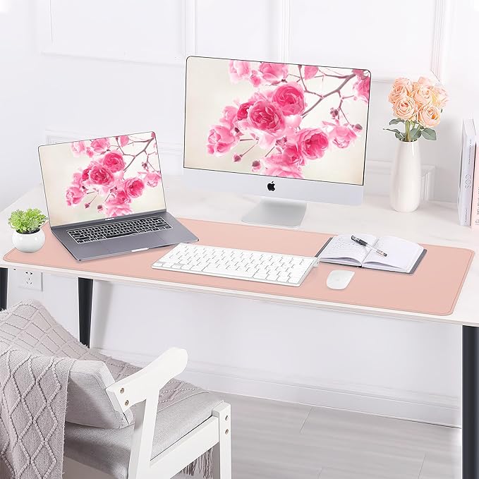 Large Desk Mat -47.2" x 17.5" Leather Desk Pad Protector with Natural Cork & PU Leather, Non-Slip Office Desk Mat, Double-Sided Mouse Pad, Waterproof Large Desk Pad for Office&Home(Pink)