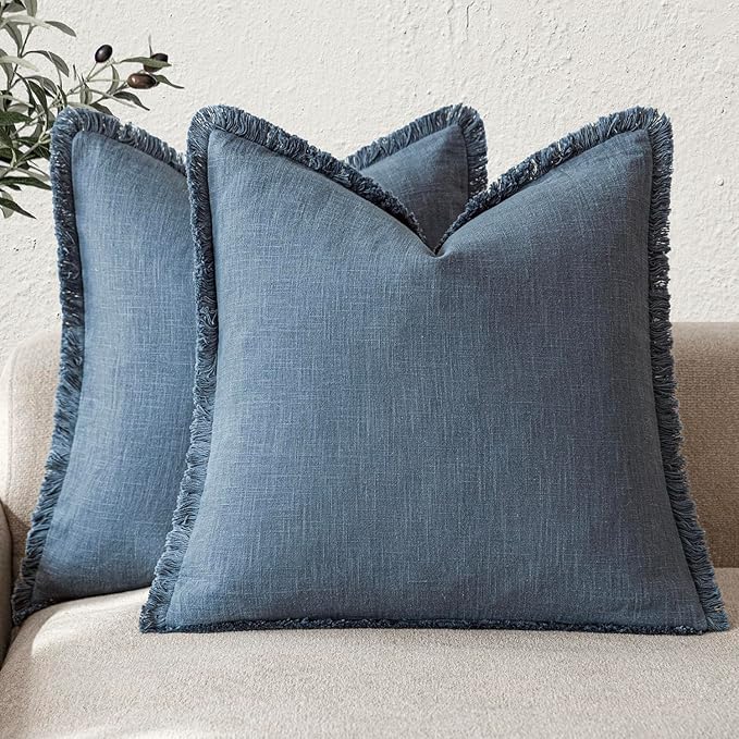 Foindtower Set of 2 Decorative Linen Fringe Throw Pillow Covers Cozy Boho Farmhouse Cushion Cover with Tassels Accent Pillowcase for Couch Sofa Bed Living Room Home Decor,26×26 Inch,Dark Blue