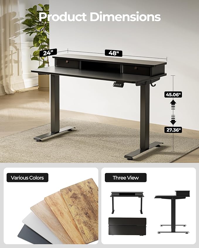 FEZIBO 48 x 24 Inch Height Adjustable Electric Standing Desk with Double Drawer, Stand up Home Office Computer Desk with 4 Height-Adjustable Feets & 2 Hooks,Black