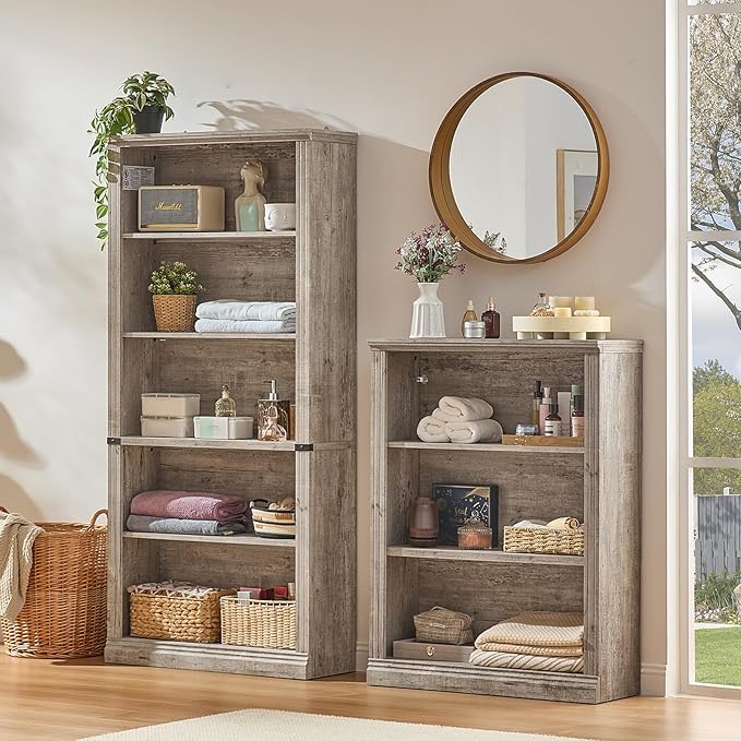 RWYHG 43" Grey Tall Bookshelf Set of 3,3-Tier Thick Wooden Book Shelf with Adjustable Shelves,Free Standing Farmhouse Bookcase with Open Display Storage,Floor Vintage Bookshelves for Living Room
