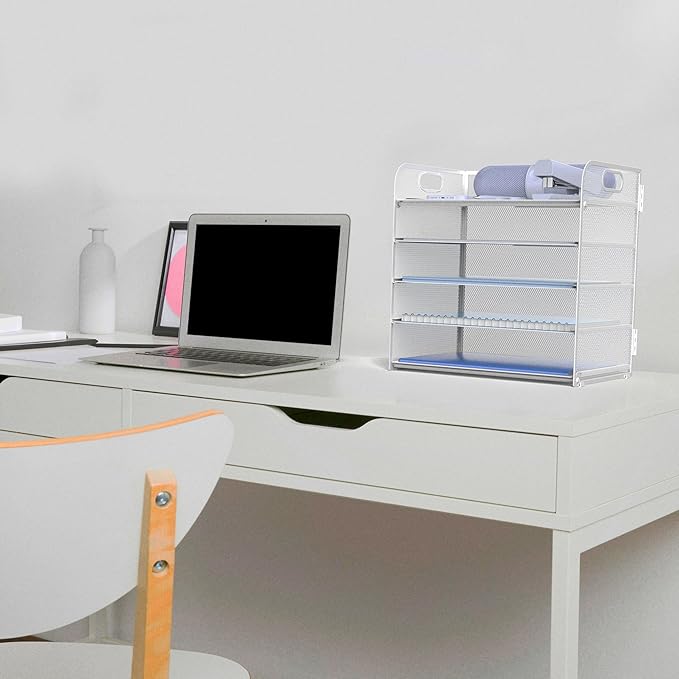 Letter Tray Paper Organizer 5-Tier Desk Organizer File Organizer Paper Holder with Handle, Metal Desktop Document Shelf Tray Office Classroom Organization - Silver