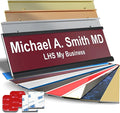 Personalized Name Plate with Choice of Mounting Holders for Walls, Doors, Cubicles, Hanging and More - Custom Burgandy Plastic White Letters - USA Made 2x10 - B26