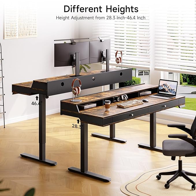 ONBRILL Standing Desk with Drawers, 63x23.6 Electric Stand Up Desk with Storage Shelf and Memory Controller, Sit Stand Desk Adjustable Height from 28-46" for Computer Workstation, Rustic Brown