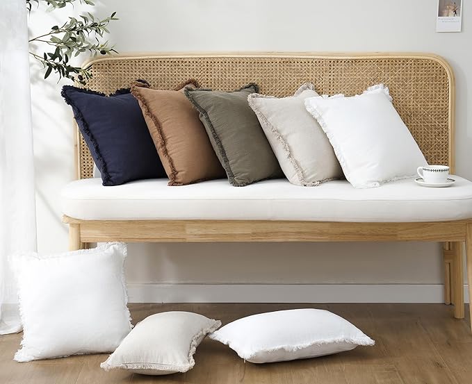 Foindtower Set of 2 Decorative Linen Fringe Throw Pillow Covers Cozy Boho Farmhouse Cushion Cover with Tassels Soft Accent Pillowcase for Couch Sofa Bed Living Room Home Decor,20×20 Inch,White
